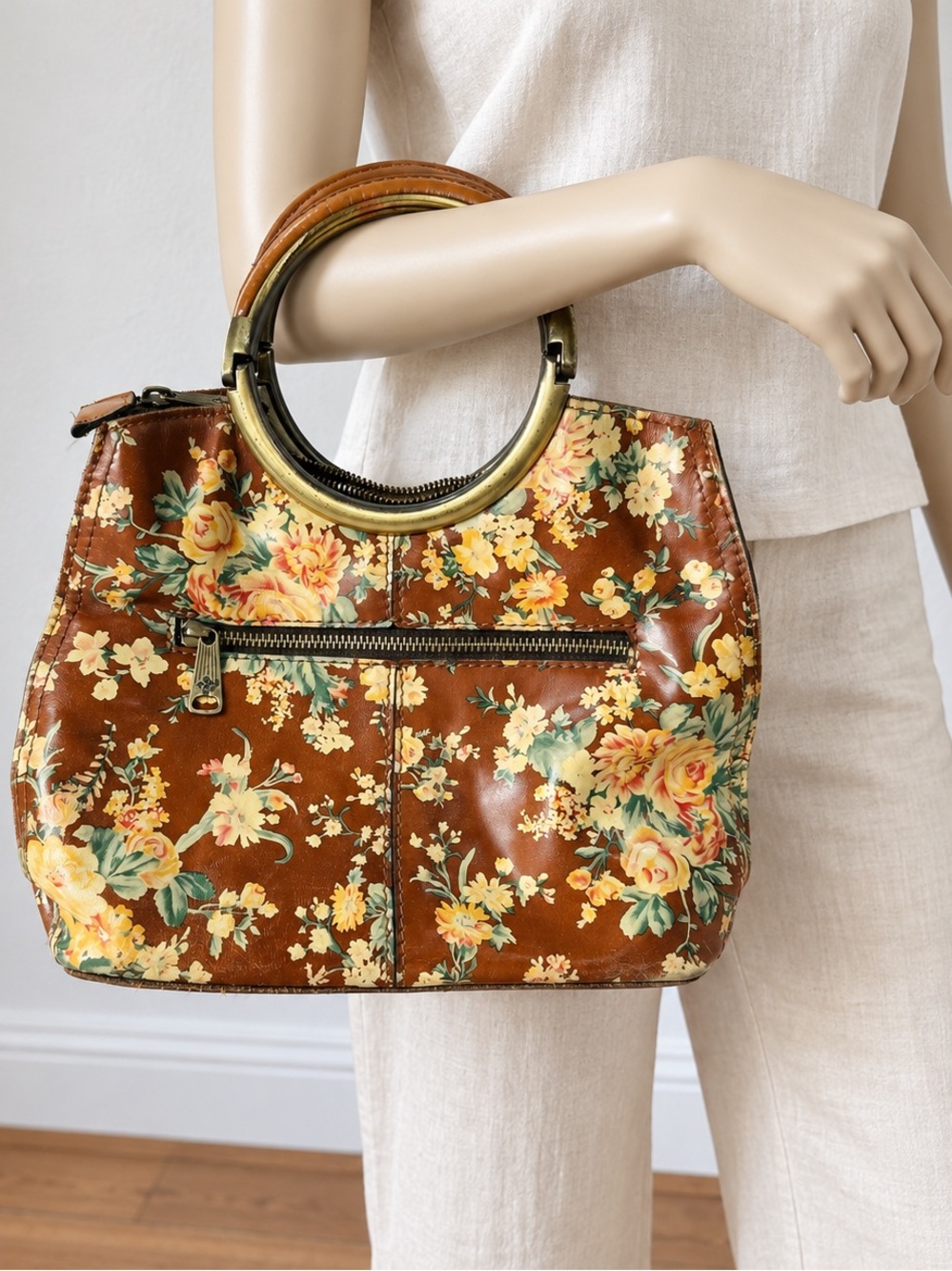 Patricia Nash Brown Floral Round-Handle Shoulder Bag